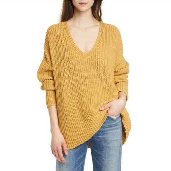 Jenni Kayne Fisherman Organic Cotton V-Neck Sweater in Mustard Size Small - Picture 1 of 6